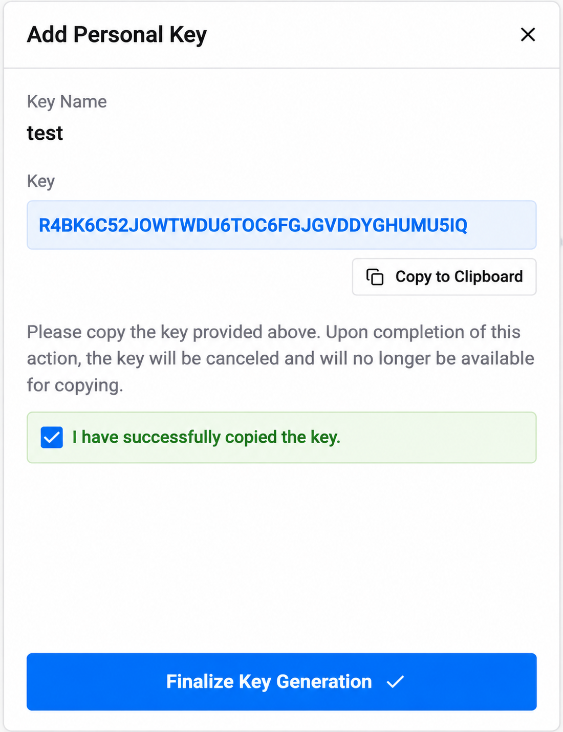 Vultrで生成されたAPIキーをコピーし Finalize Key Generation をクリックする画面
