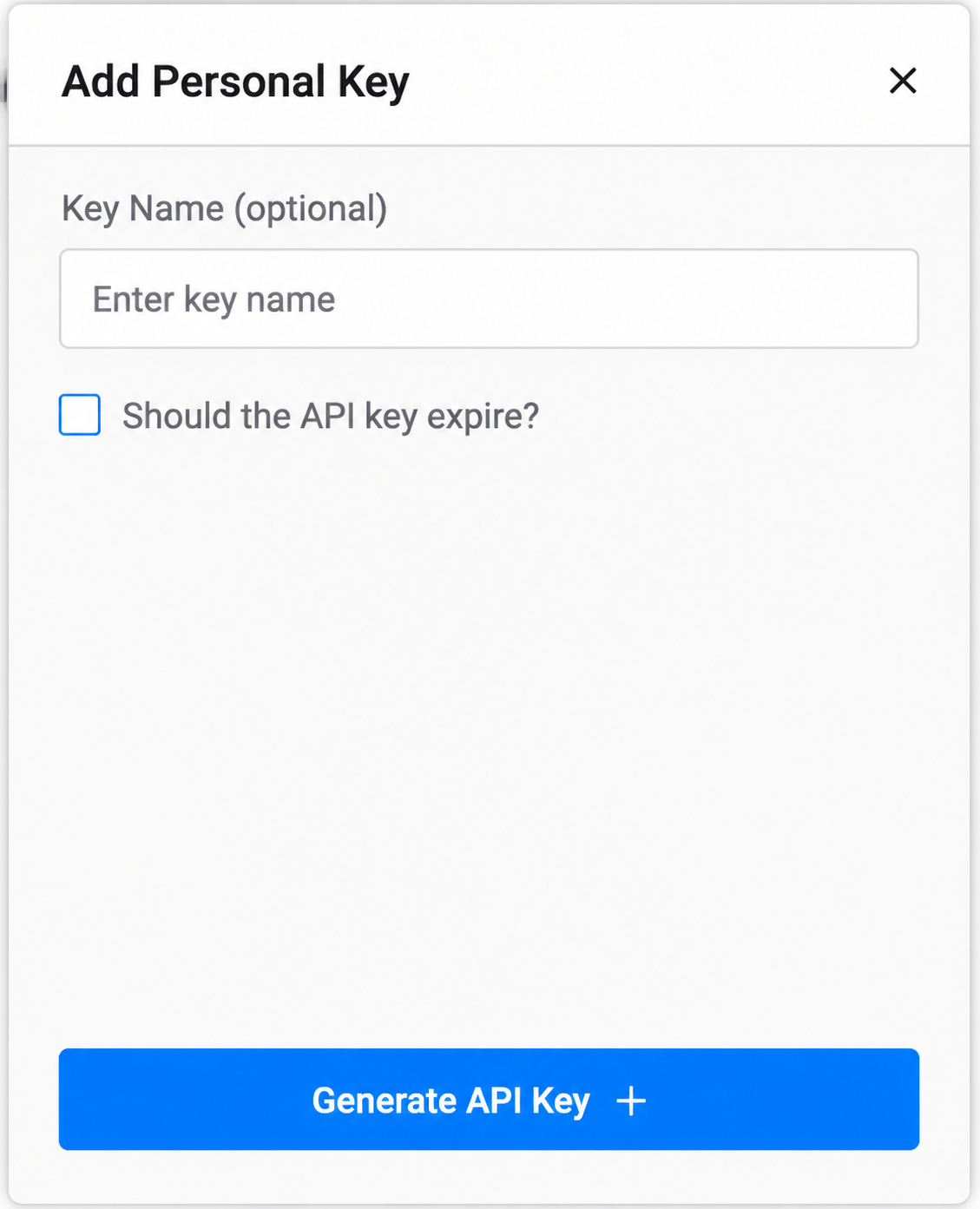 Vultr Add Personal Key ダイアログでキー名を入力し Generate API Key をクリック