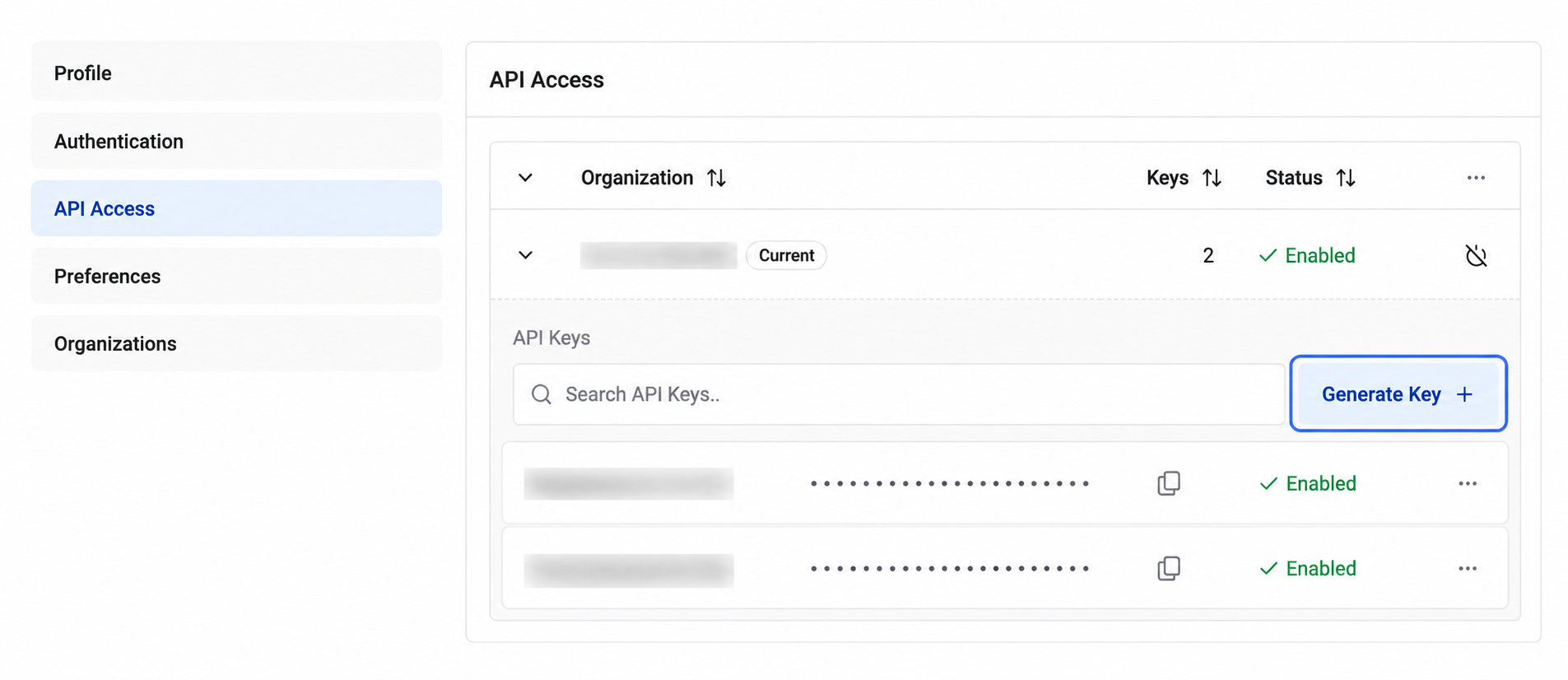 Vultr API Accessページの Generate Key ボタンの位置